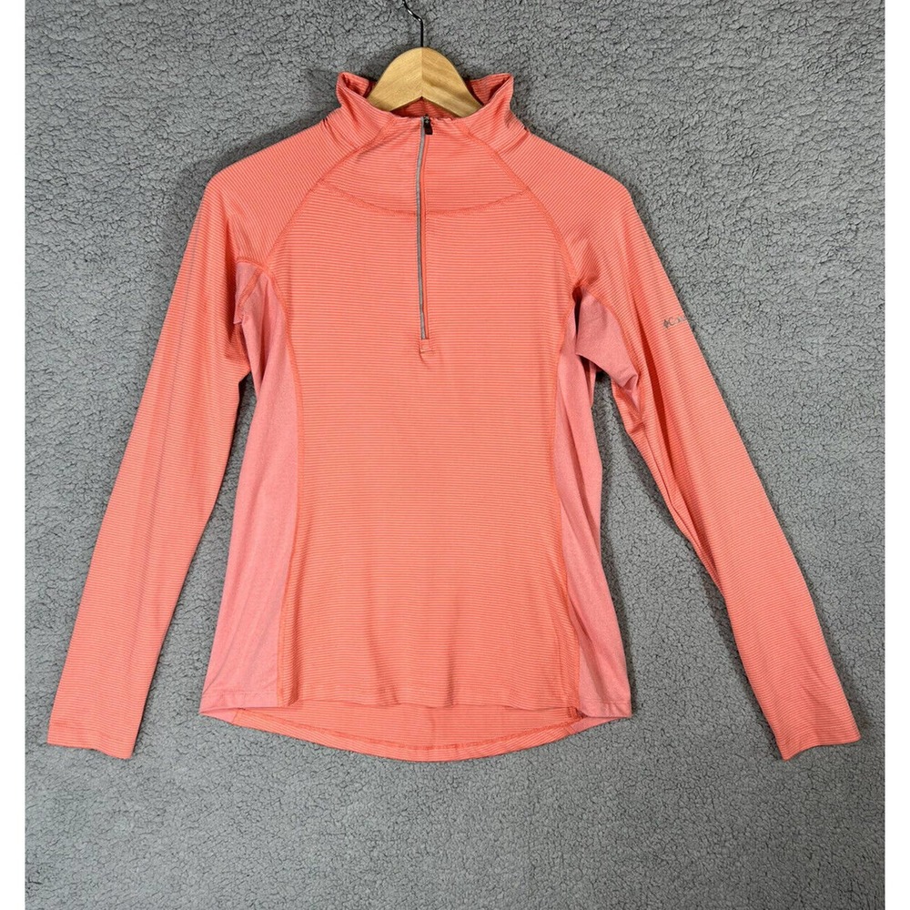 Columbia Womens Small Orange Coral Striped Long Sleeve 1/4 Zip Active Golf Top
